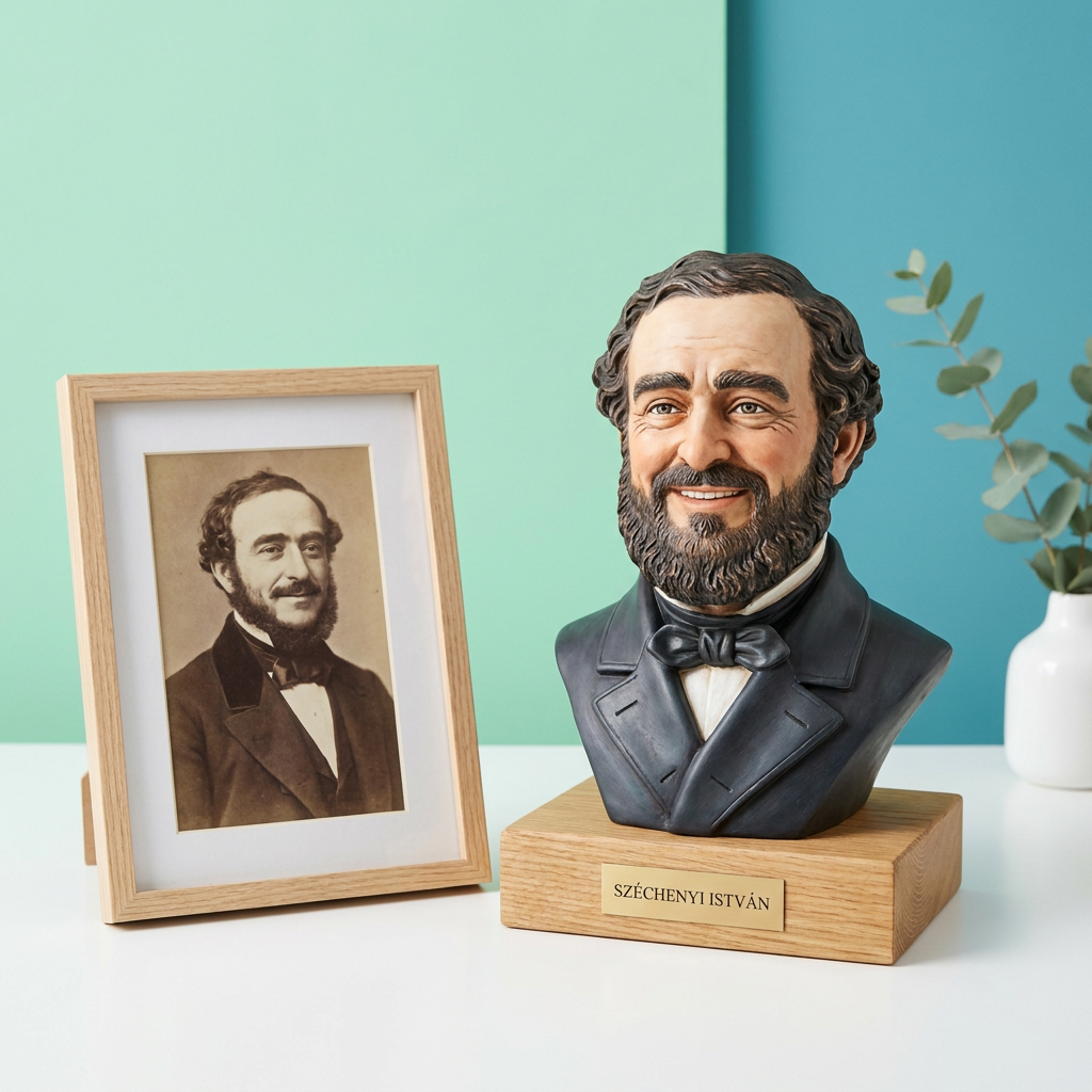Széchenyi István kézzel festett portrészobra a korabeli fénykép mellett, gravírozott réztáblával