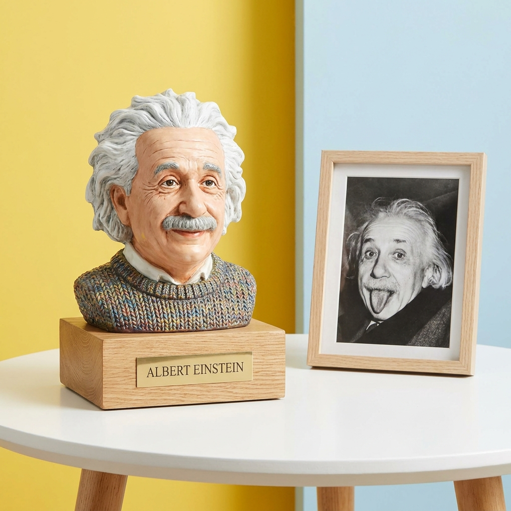 Albert Einstein kézzel festett portrészobra az archív fotója mellett